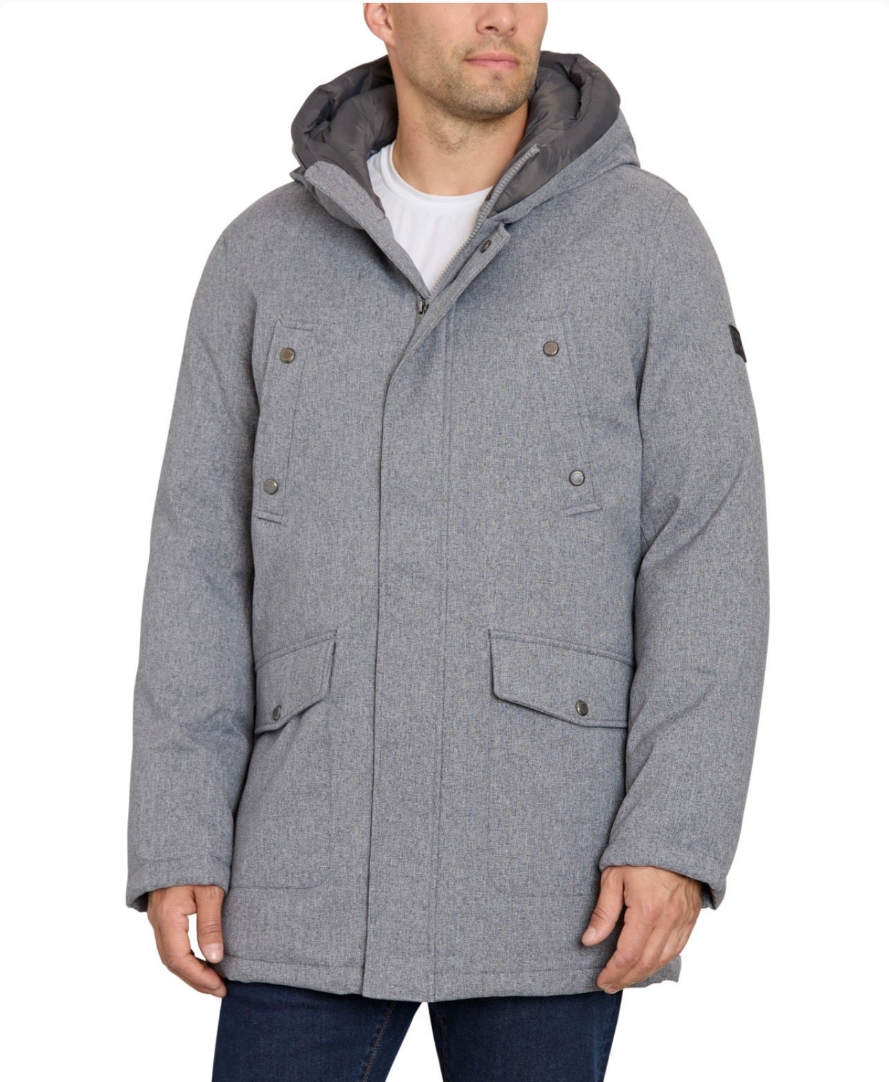 Sean John Men's Three-Quarter Hooded Solid Parka Grey Melange Size 2XL