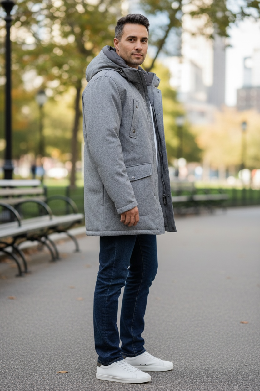 Sean John Men's Three-Quarter Hooded Solid Parka Grey Melange Size 2XL