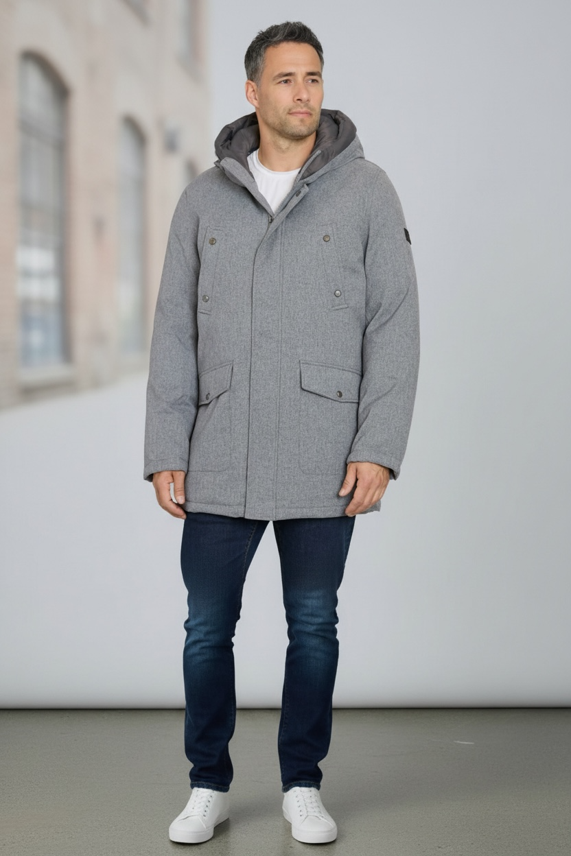 Sean John Men's Three-Quarter Hooded Solid Parka Grey Melange Size 2XL
