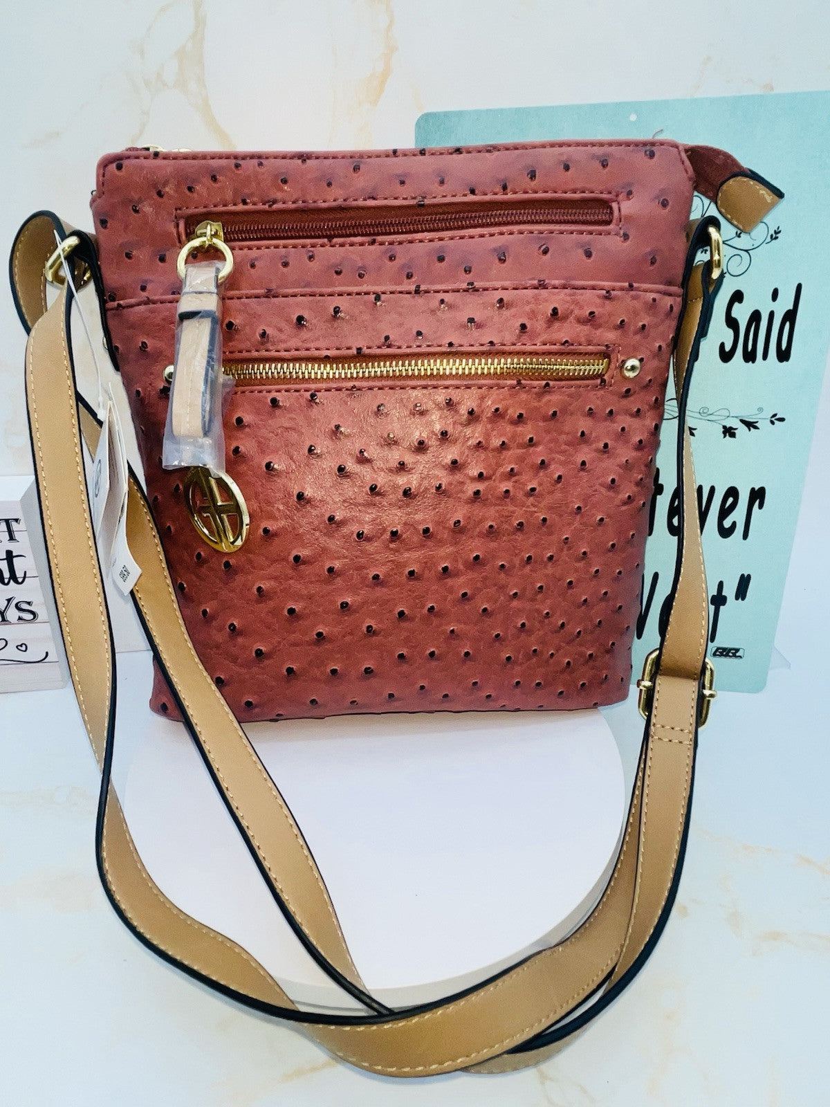 Giani Bernini Women's Embossed Faux Ostrich Crossbody, Color Wine Women’s Sholde