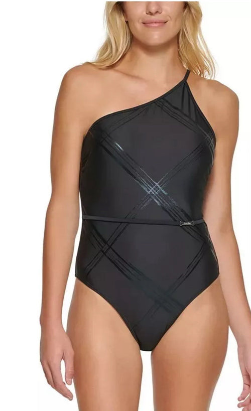 Calvin Klein JUMBO PLAID BLACK Belted One-Shoulder One-Piece Swimsuit, US 12