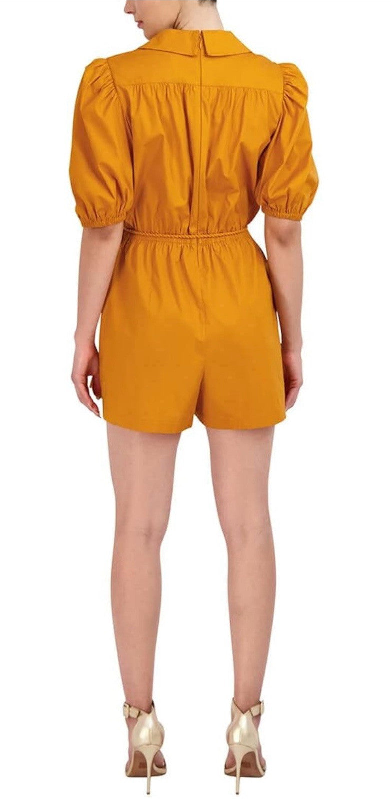BCBGMAXAZRIA Women's Fit And Flare Short Poof Sleeve Tie Waist Button Romper 