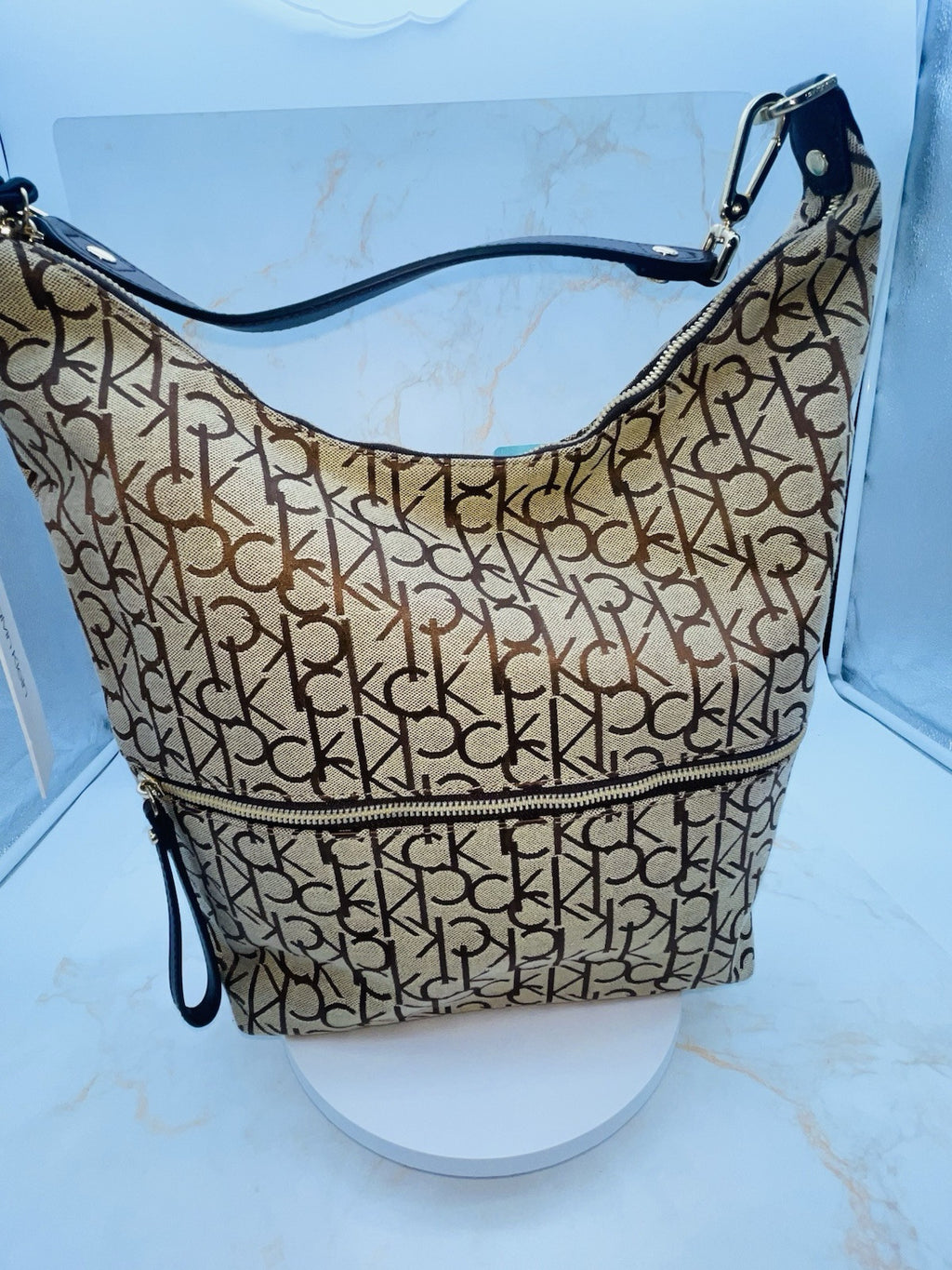 Calvin Klein Women's Monogram Hobo Brown Logo Bag Zipper Pockets Handbag 15"x12"