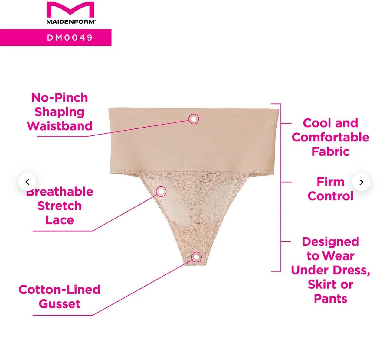 Maidenform Tame Your Tummy Firm Control Lace Thong Panty Large L DM0049 Nude