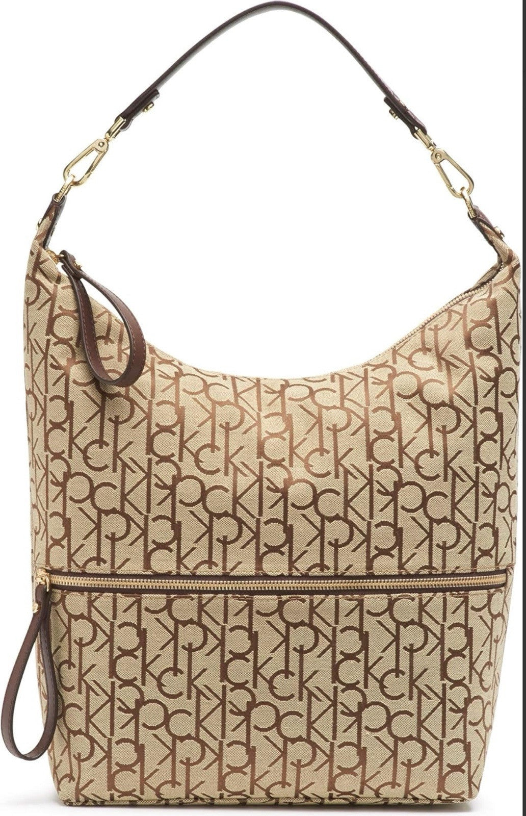 Calvin Klein Women's Monogram Hobo Brown Logo Bag Zipper Pockets Handbag 15"x12"