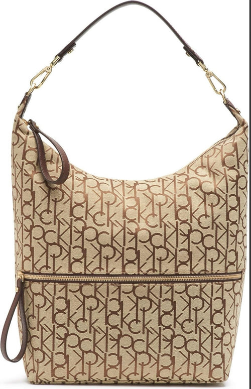 Calvin Klein Women's Monogram Hobo Brown Logo Bag Zipper Pockets Handbag 15"x12"