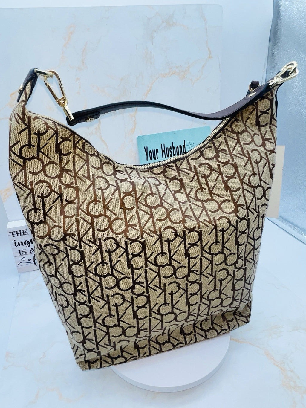 Calvin Klein Women's Monogram Hobo Brown Logo Bag Zipper Pockets Handbag 15"x12"