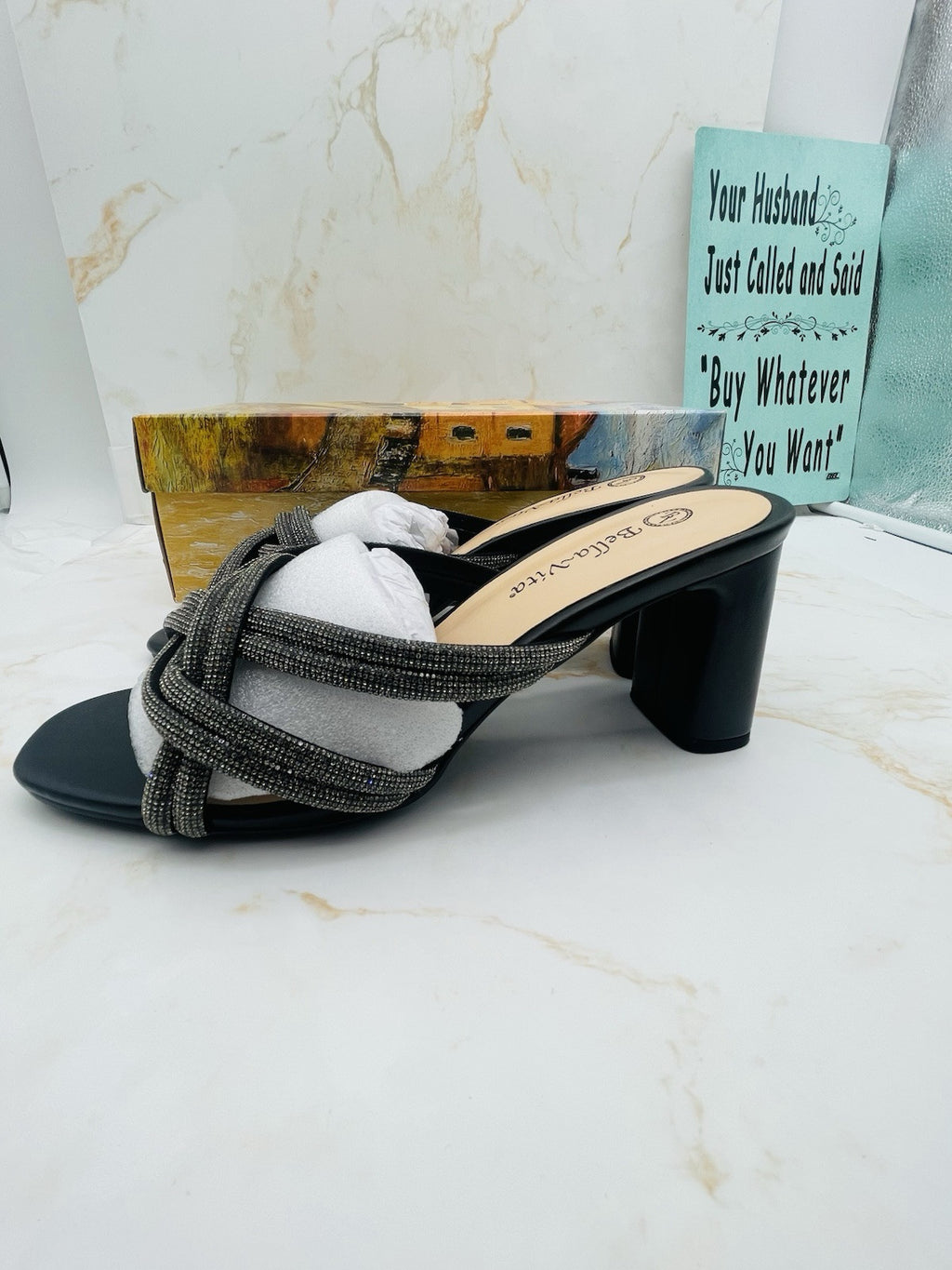NEW Bella Vita Women’s Carmen Heeled Slip on Sandals Black Size 10W