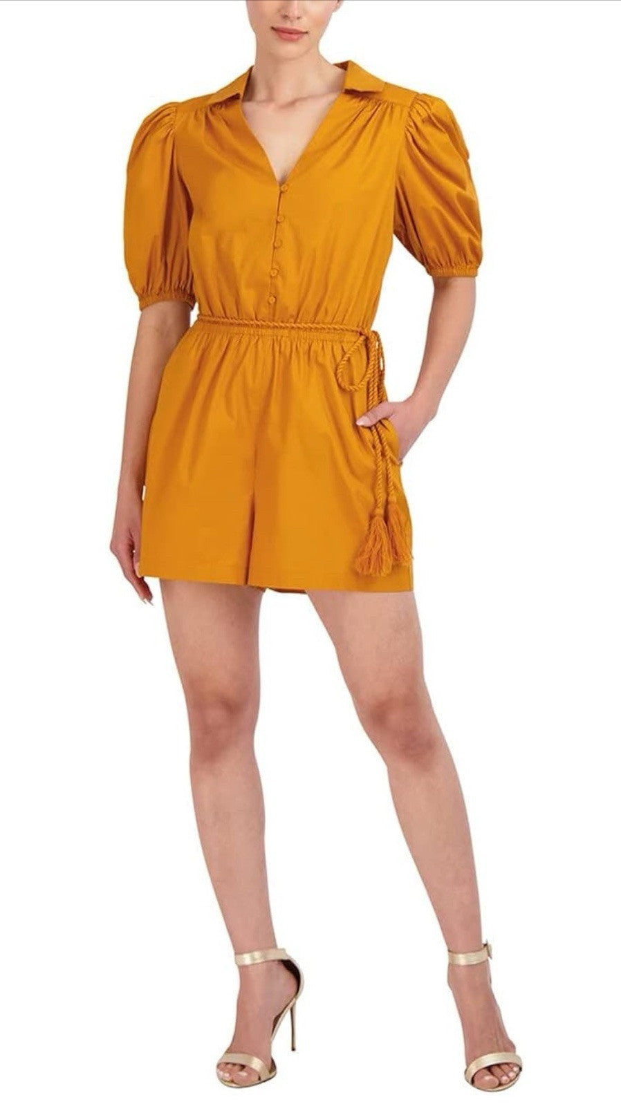 BCBGMAXAZRIA Women's Fit And Flare Short Poof Sleeve Tie Waist Button Romper 