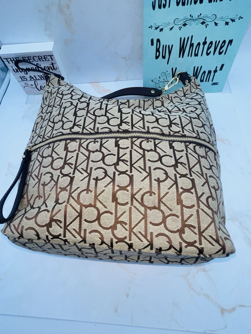Calvin Klein Women's Monogram Hobo Brown Logo Bag Zipper Pockets Handbag 15"x12"