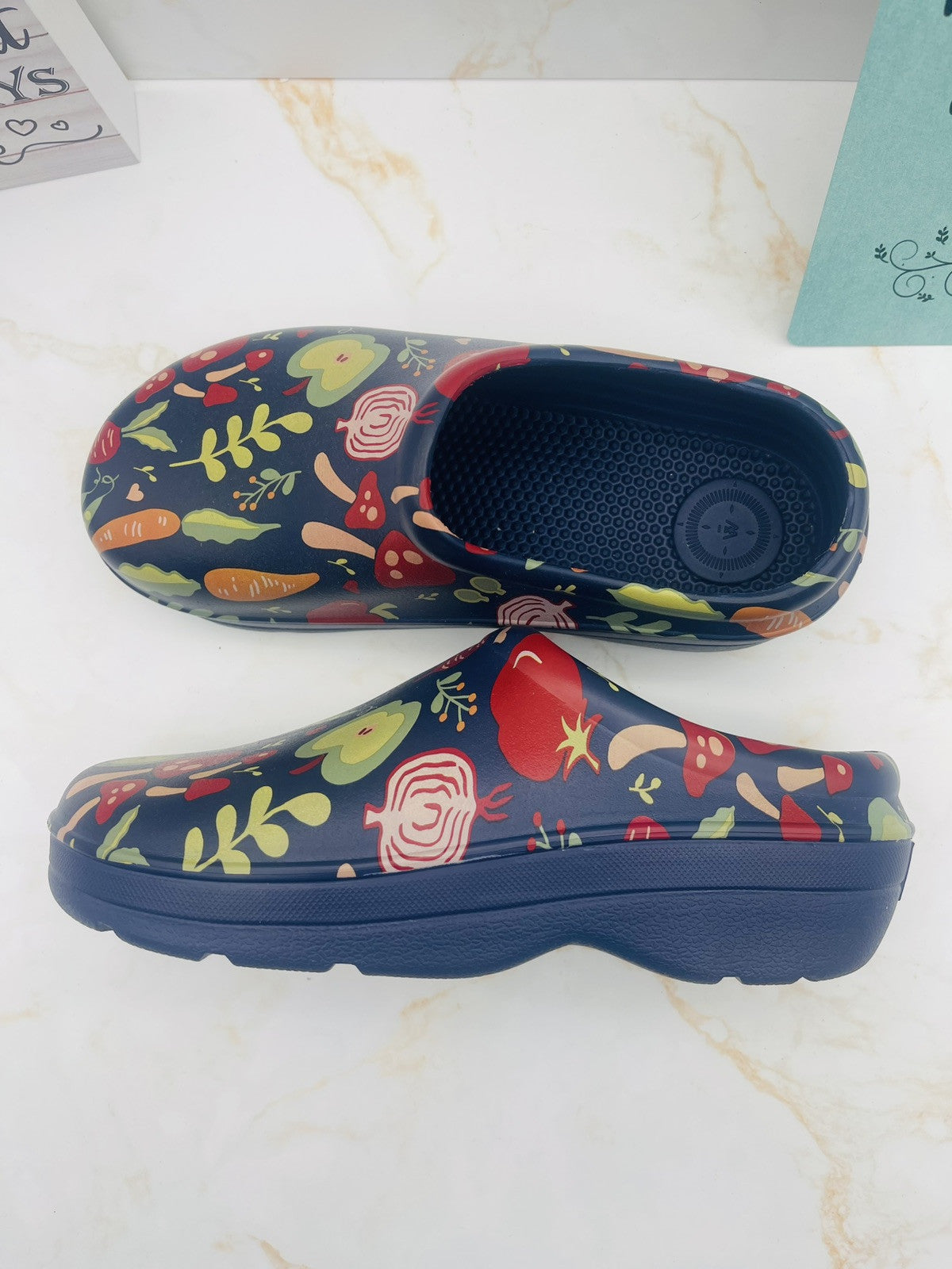 Totes Women's Super Comfy, Ultra Tough Clogs, Size  8 Navy with Garden Veggies
