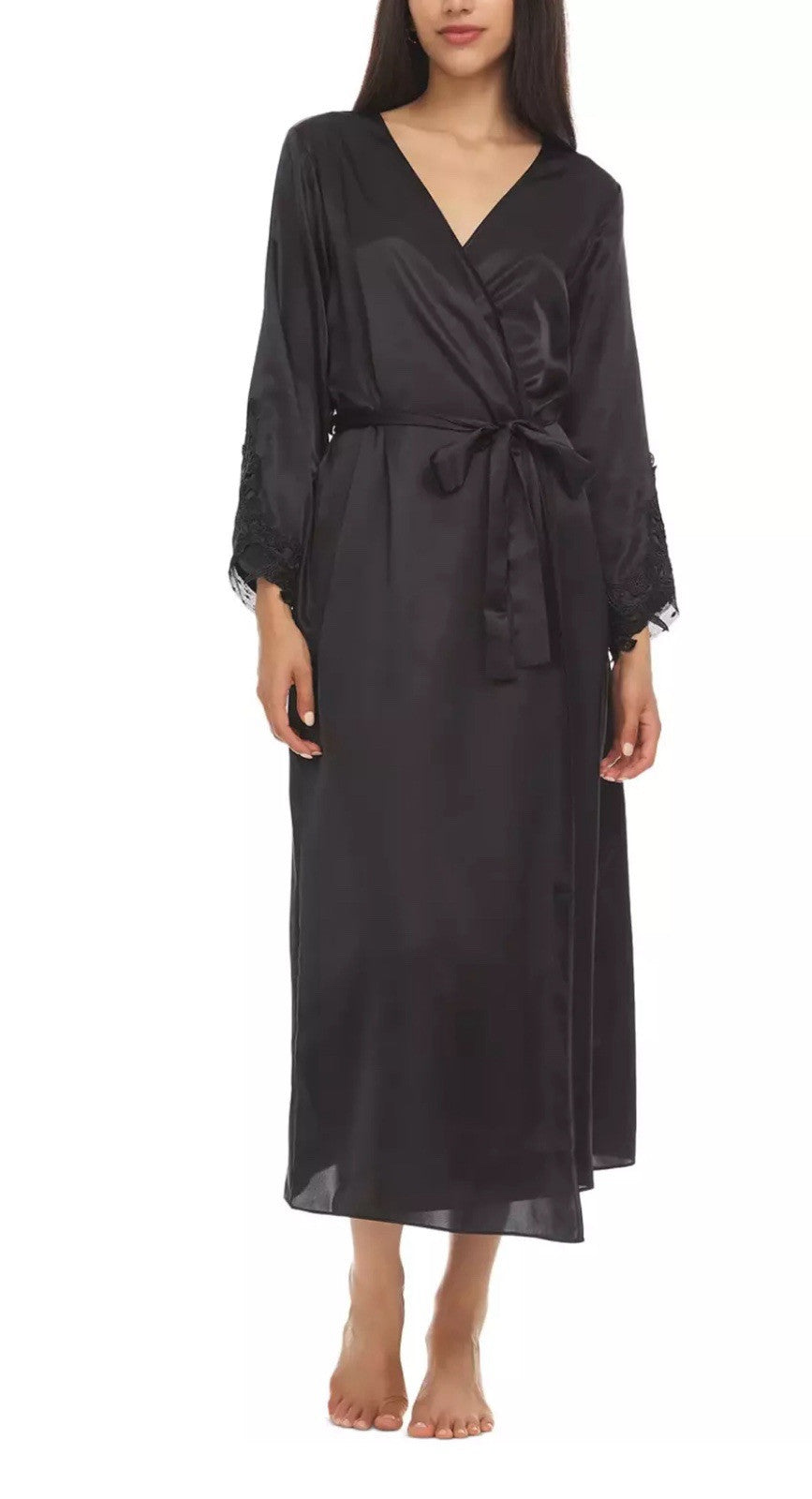 FLORA NIKROOZ Women's Stella Satin Venise Trim Robe Small / Medium Black