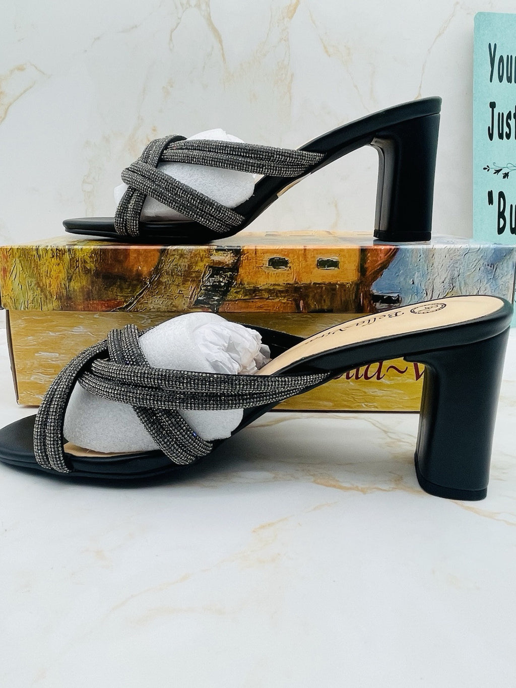 NEW Bella Vita Women’s Carmen Heeled Slip on Sandals Black Size 10W
