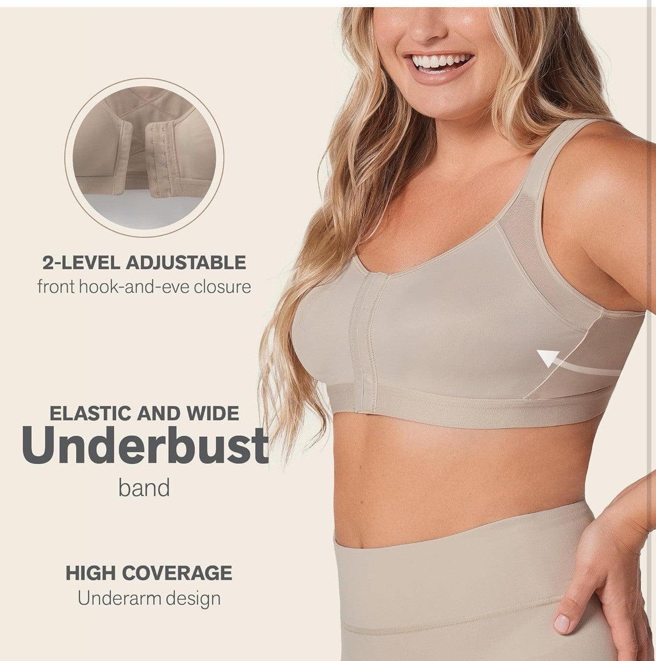 Leonisa Women's Front Closure Posture Corrector Bra, Light Beige 34C