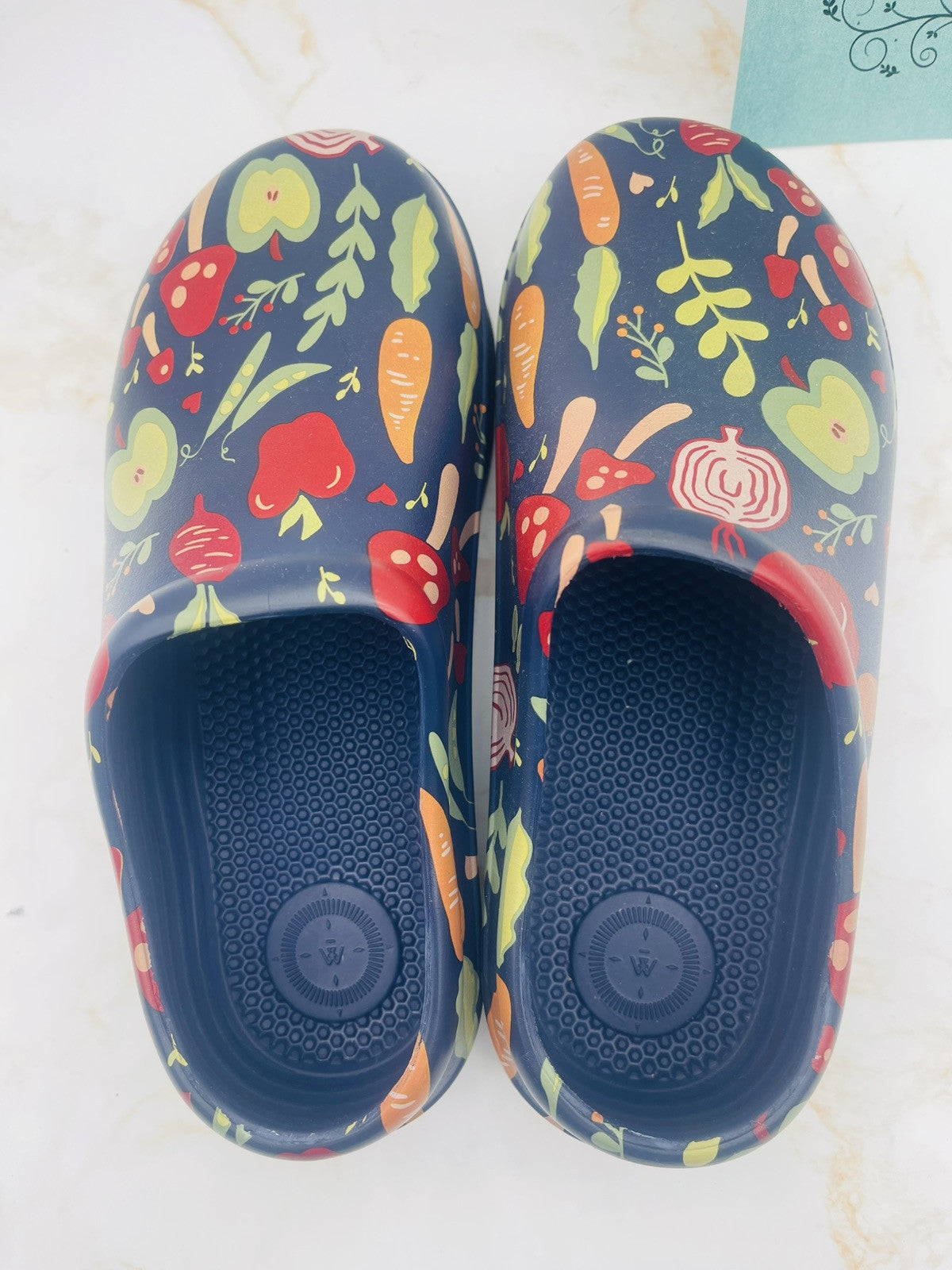 Totes Women's Super Comfy, Ultra Tough Clogs, Size  8 Navy with Garden Veggies