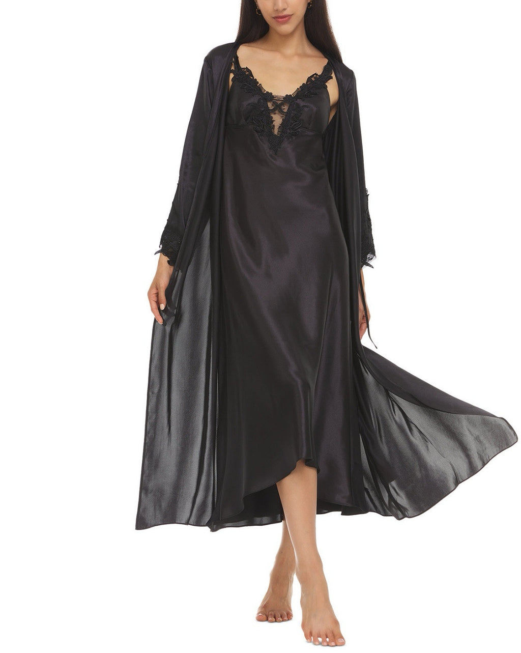 FLORA NIKROOZ Women's Stella Satin Venise Trim Robe Small / Medium Black