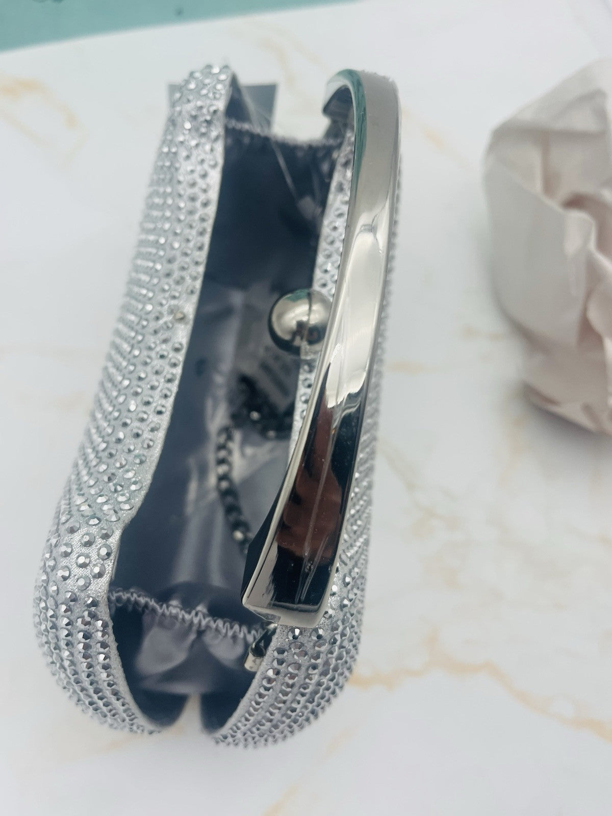 BRANDO  SILVER CRYSTAL MINAUDIERE WITH METAL HANDLE
