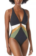 Vince Camuto Gold Shimmer Blocked Punging V-Neck One-Piece L35452 Womens Size 4