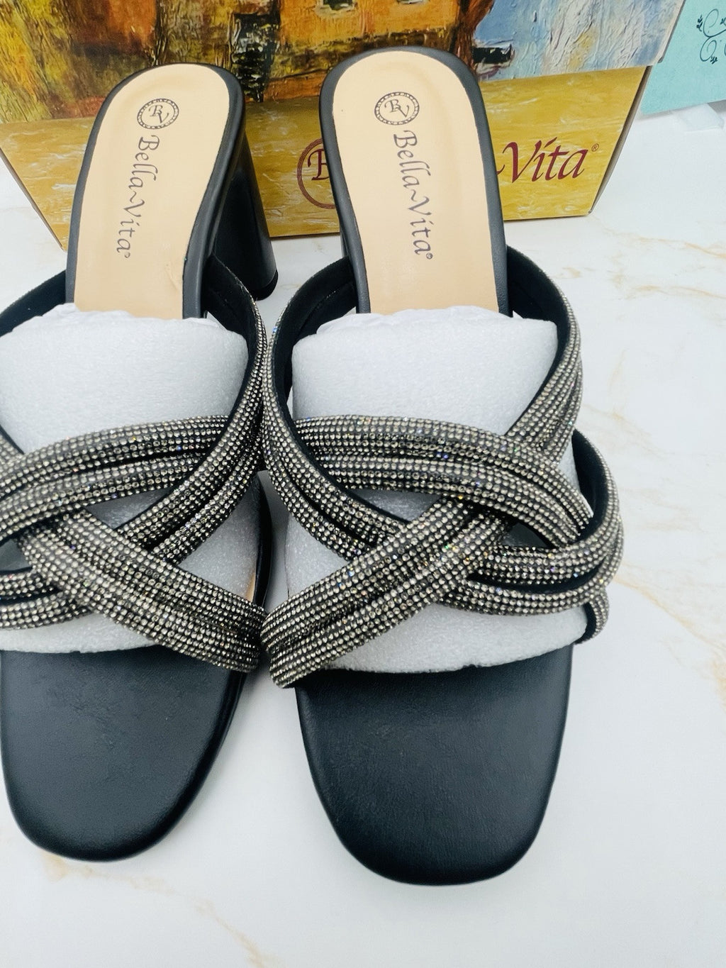 NEW Bella Vita Women’s Carmen Heeled Slip on Sandals Black Size 10W