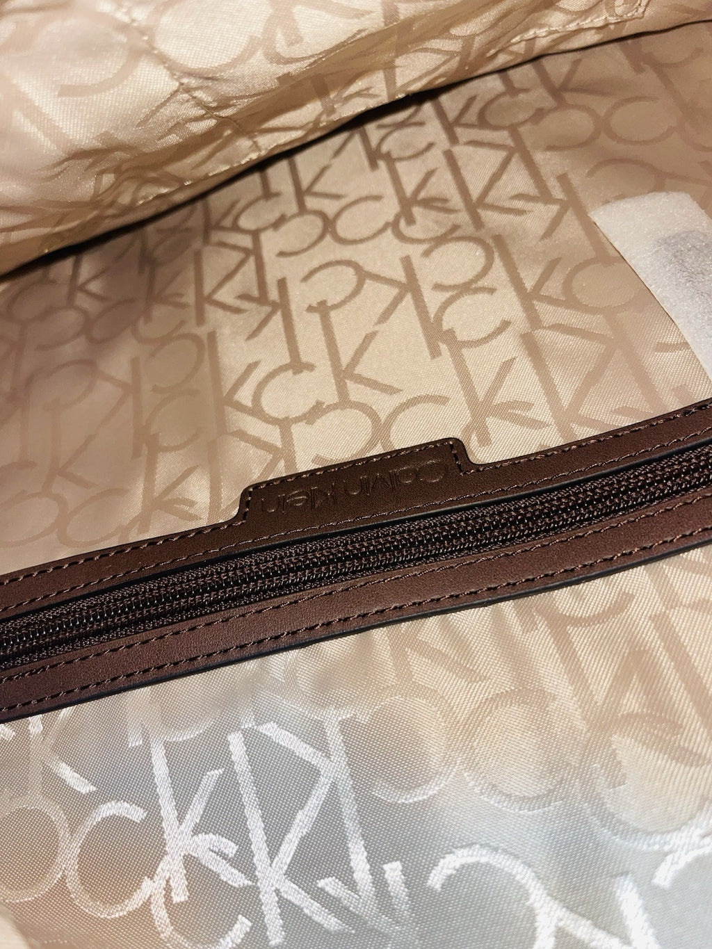 Calvin Klein Women's Monogram Hobo Brown Logo Bag Zipper Pockets Handbag 15"x12"