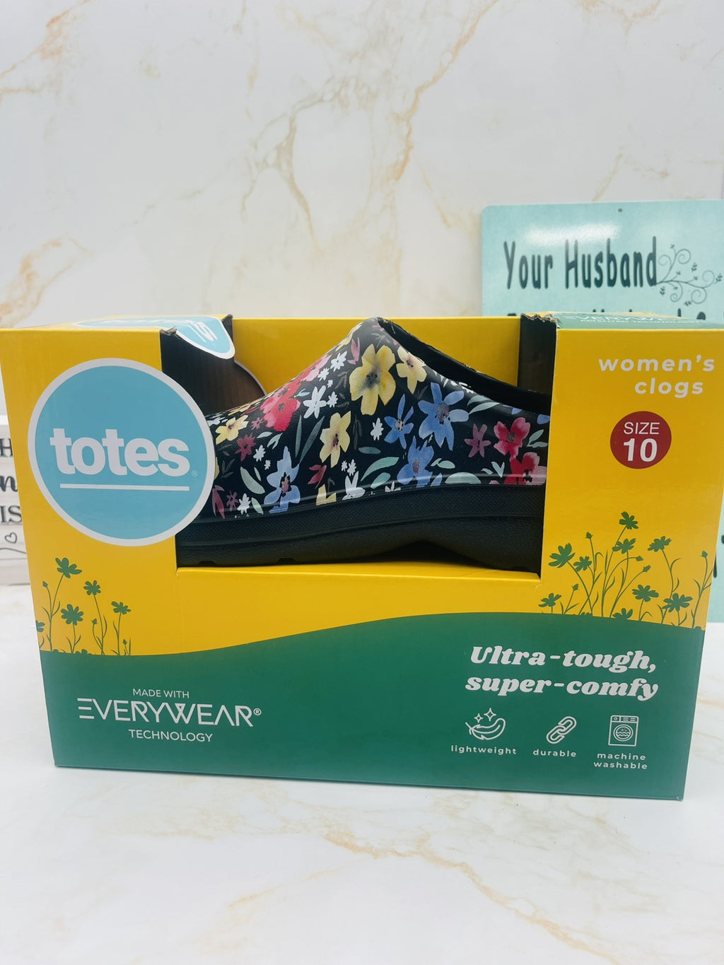Totes Ultra-Tough, Super-Comfy Women’s Clogs, Size 10 Black Garden Floral NIB