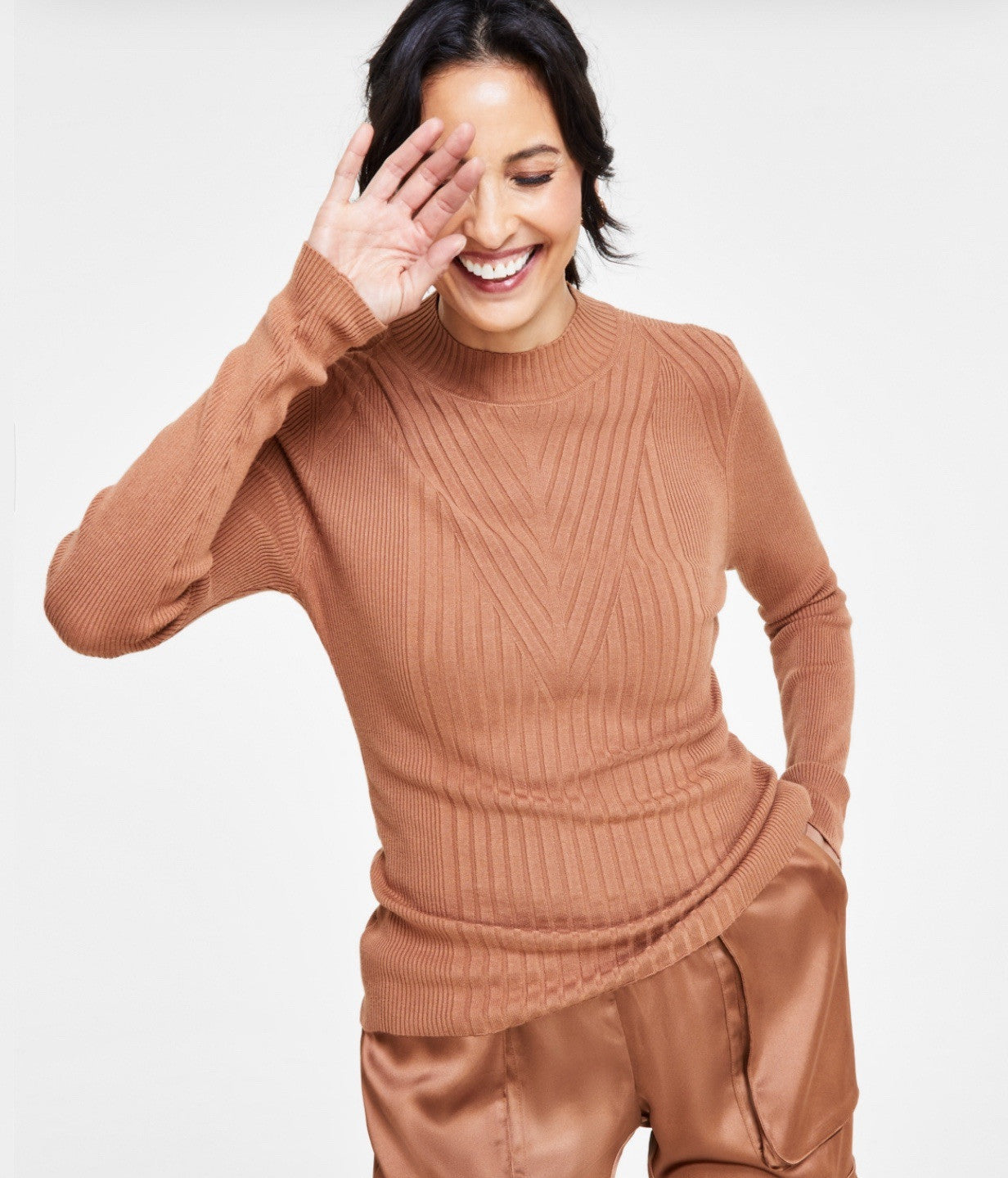 I.N.C. International ConceptsWomen's Detail Ribbed Mock Neck Sweater Brown Saira