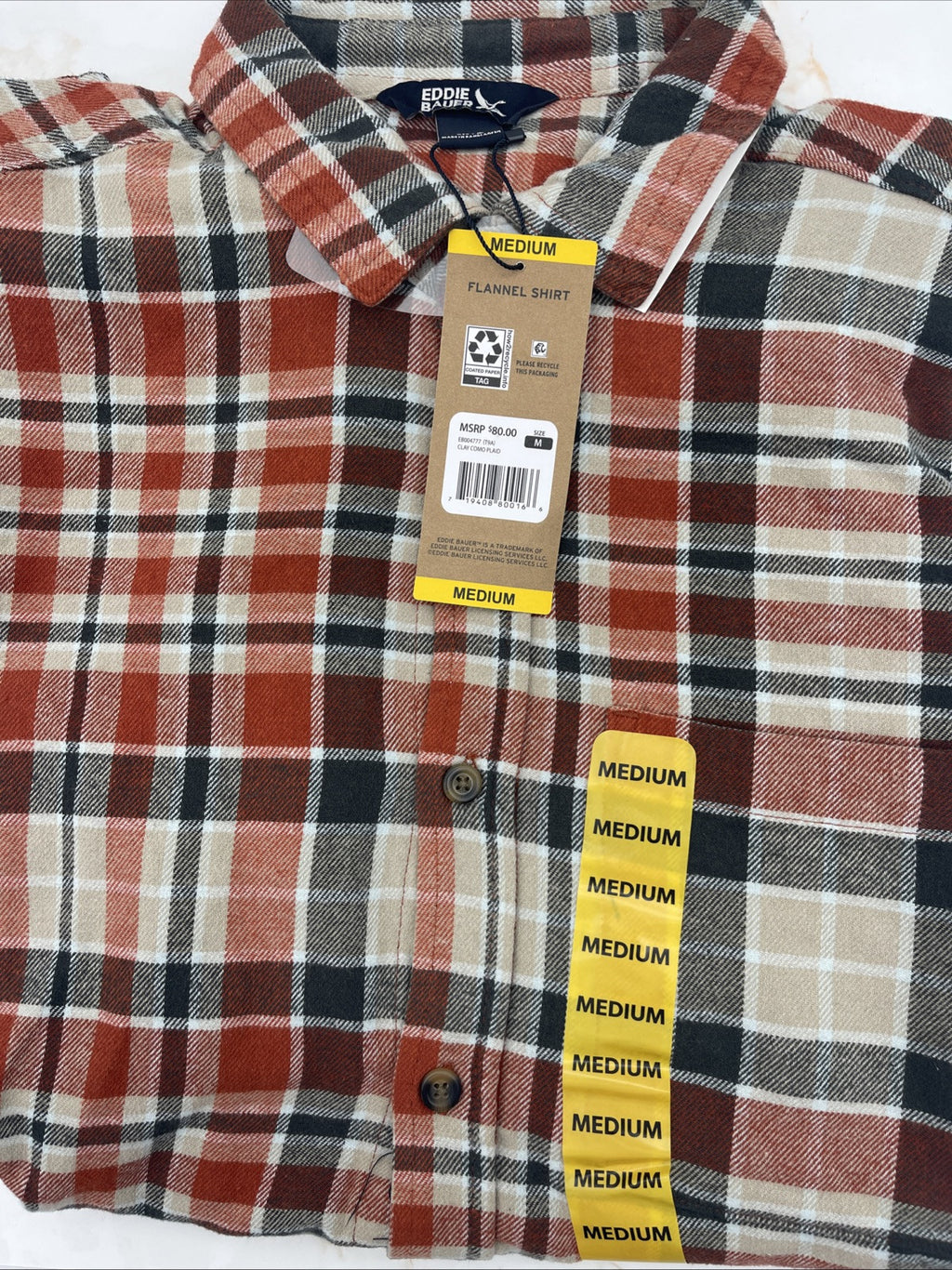 Eddie Bauer Men's 100% Cotton Easy Care Warm Brushed Twill Flannel Shirt Size M