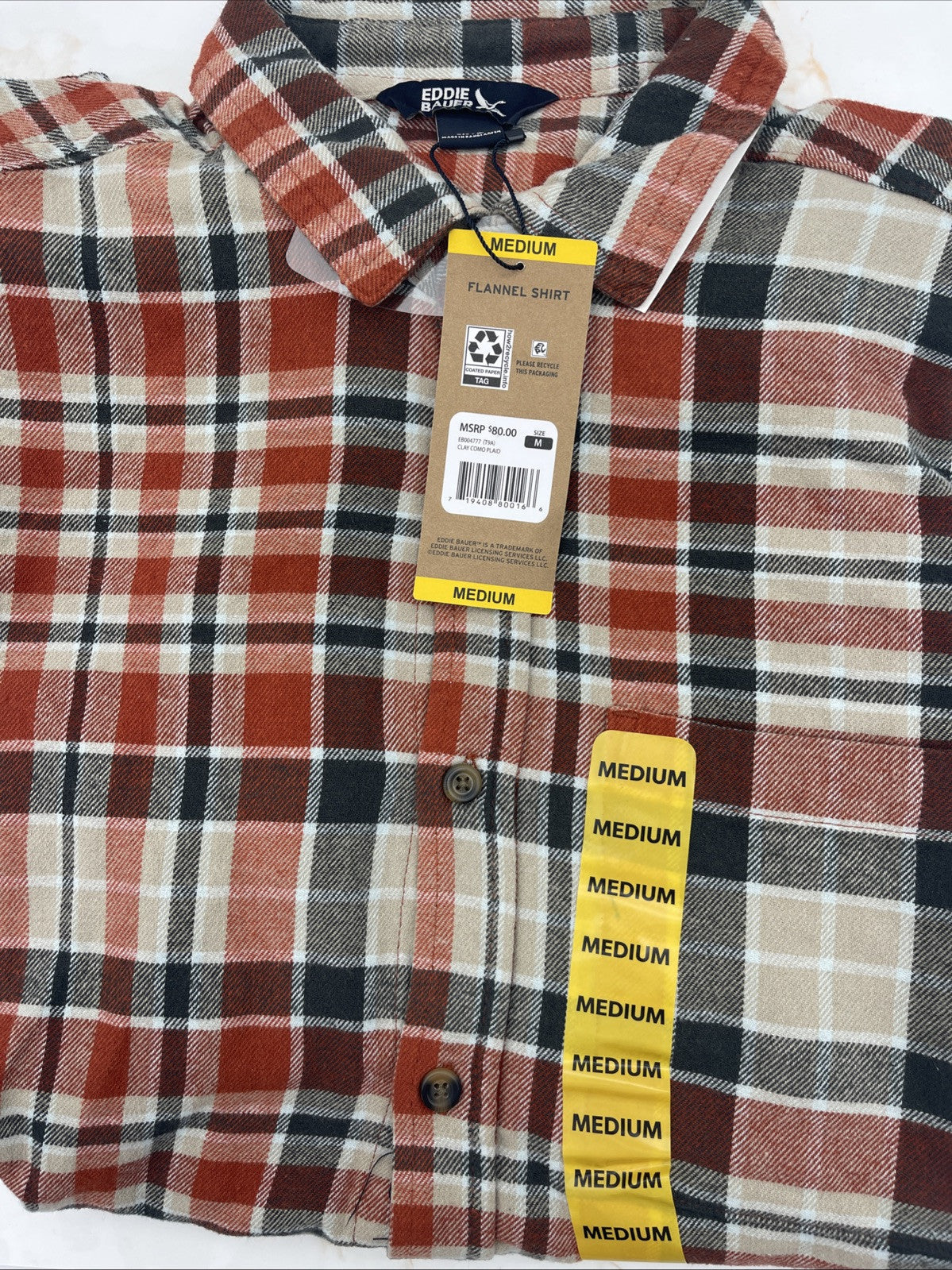 Eddie Bauer Men's 100% Cotton Easy Care Warm Brushed Twill Flannel Shirt Size M