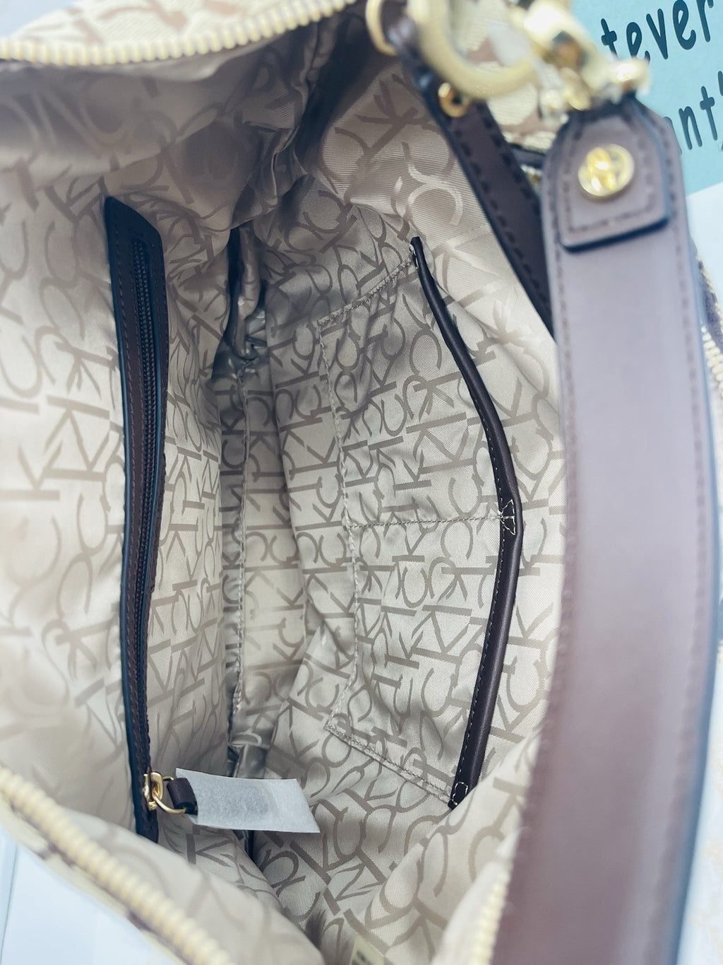 Calvin Klein Women's Monogram Hobo Brown Logo Bag Zipper Pockets Handbag 15"x12"