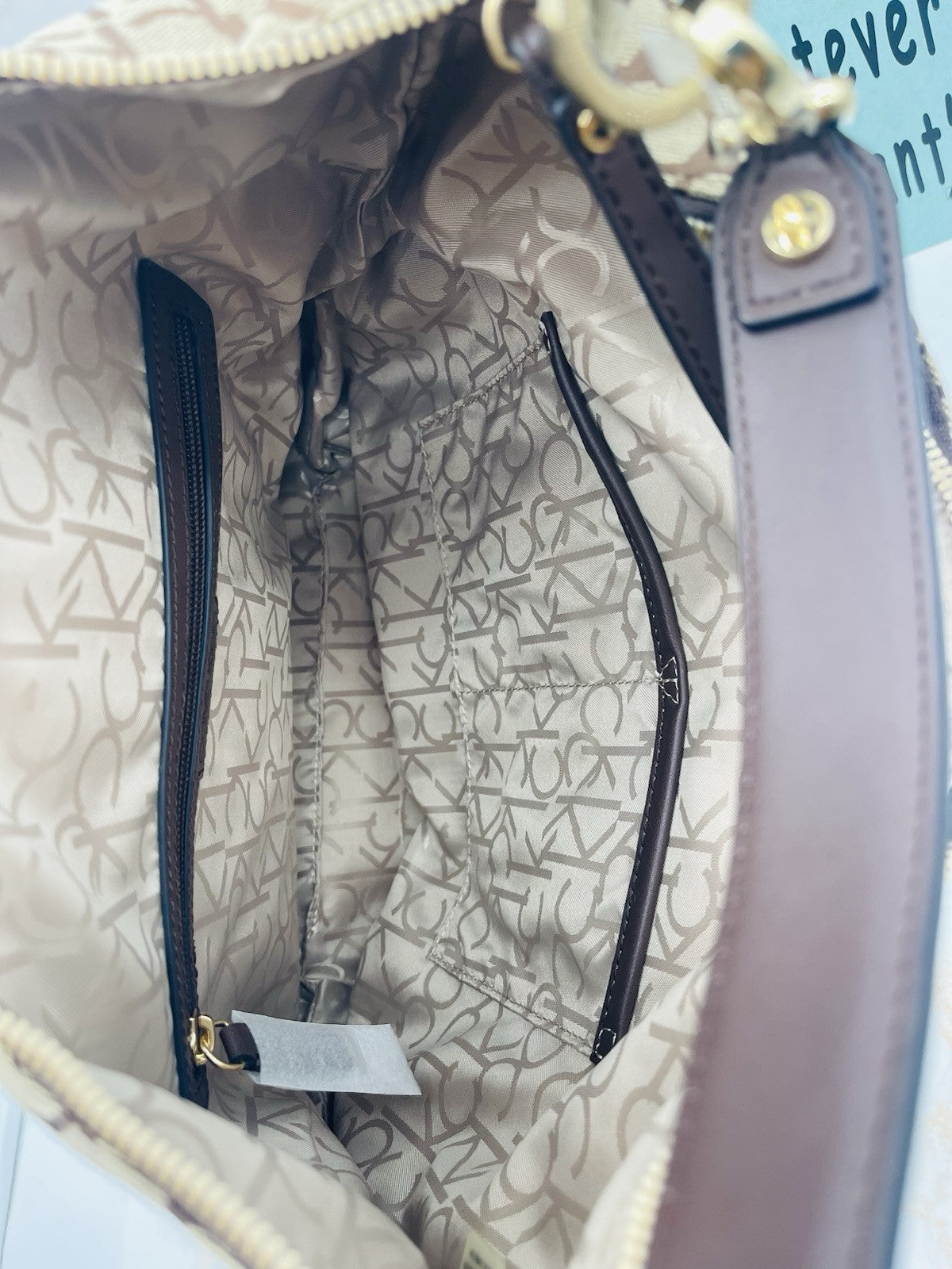 Calvin Klein Women's Monogram Hobo Brown Logo Bag Zipper Pockets Handbag 15"x12"