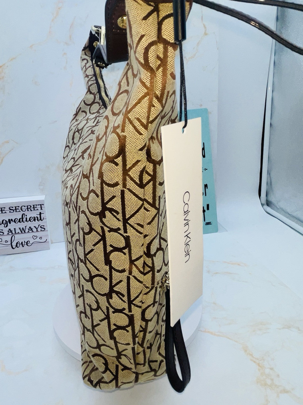 Calvin Klein Women's Monogram Hobo Brown Logo Bag Zipper Pockets Handbag 15"x12"