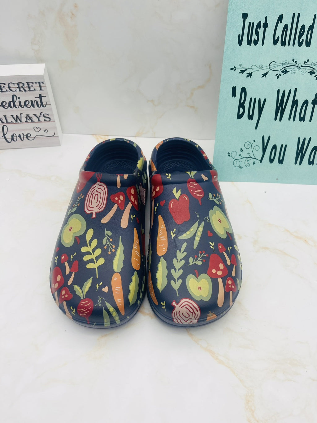 Totes Women's Super Comfy, Ultra Tough Clogs, Size  10 Navy with Garden Veggies