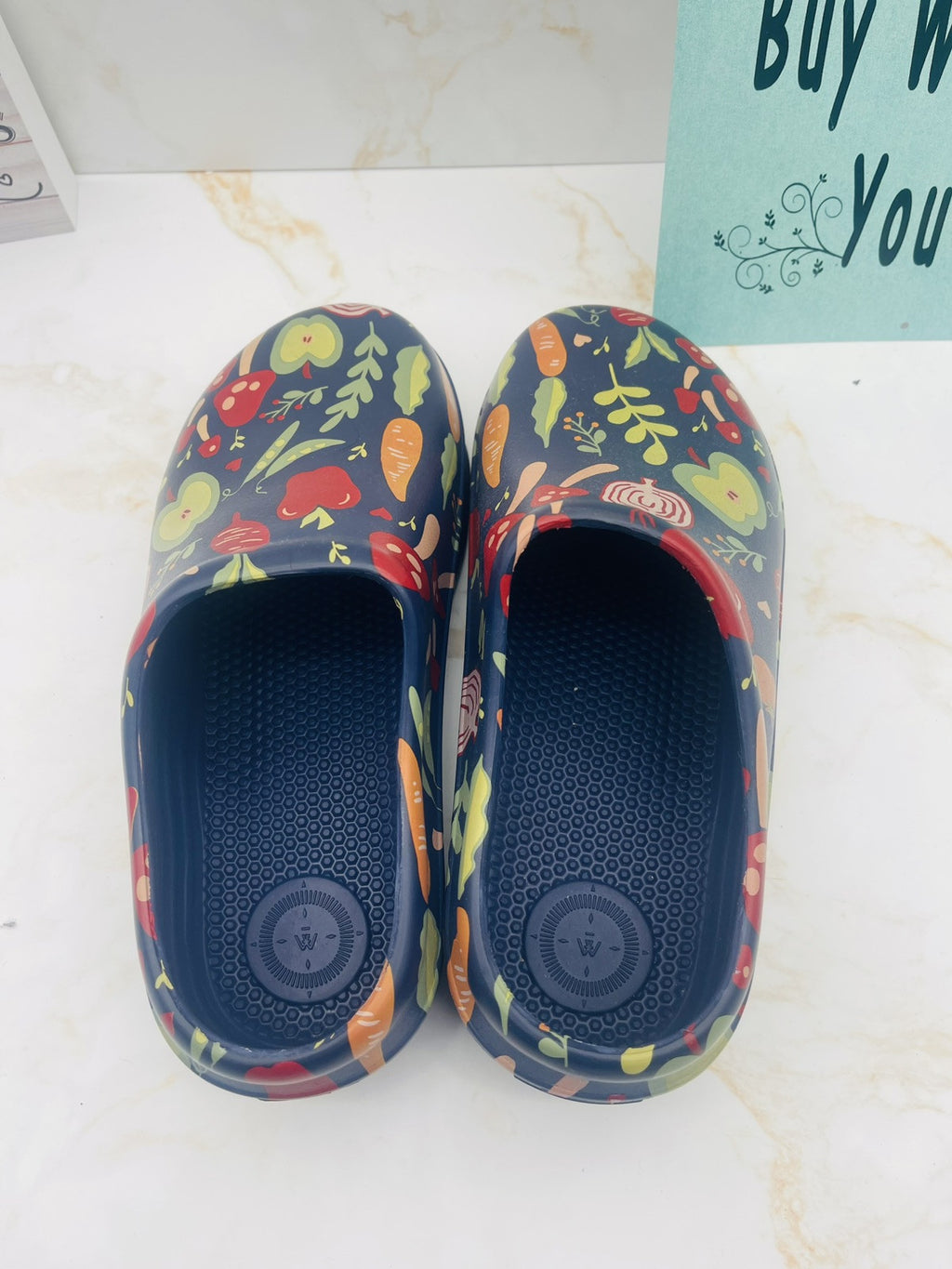 Totes Women's Super Comfy, Ultra Tough Clogs, Size  8 Navy with Garden Veggies