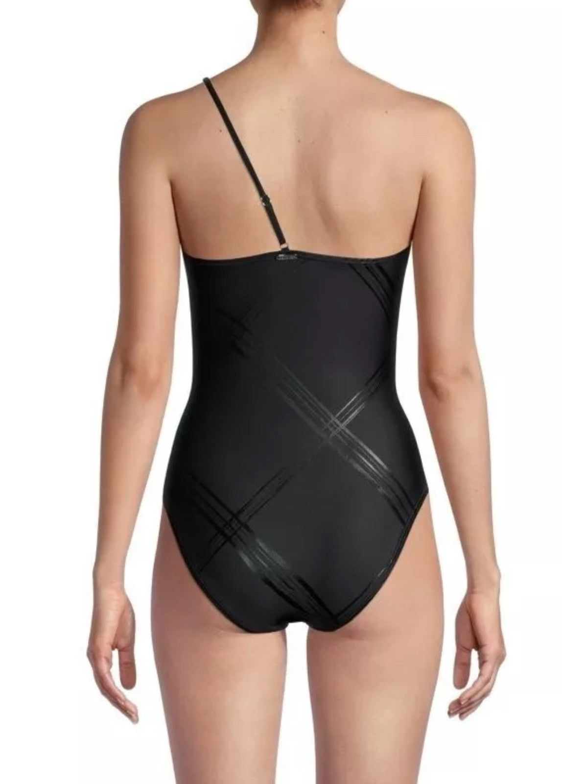 Calvin Klein JUMBO PLAID BLACK Belted One-Shoulder One-Piece Swimsuit, US 12
