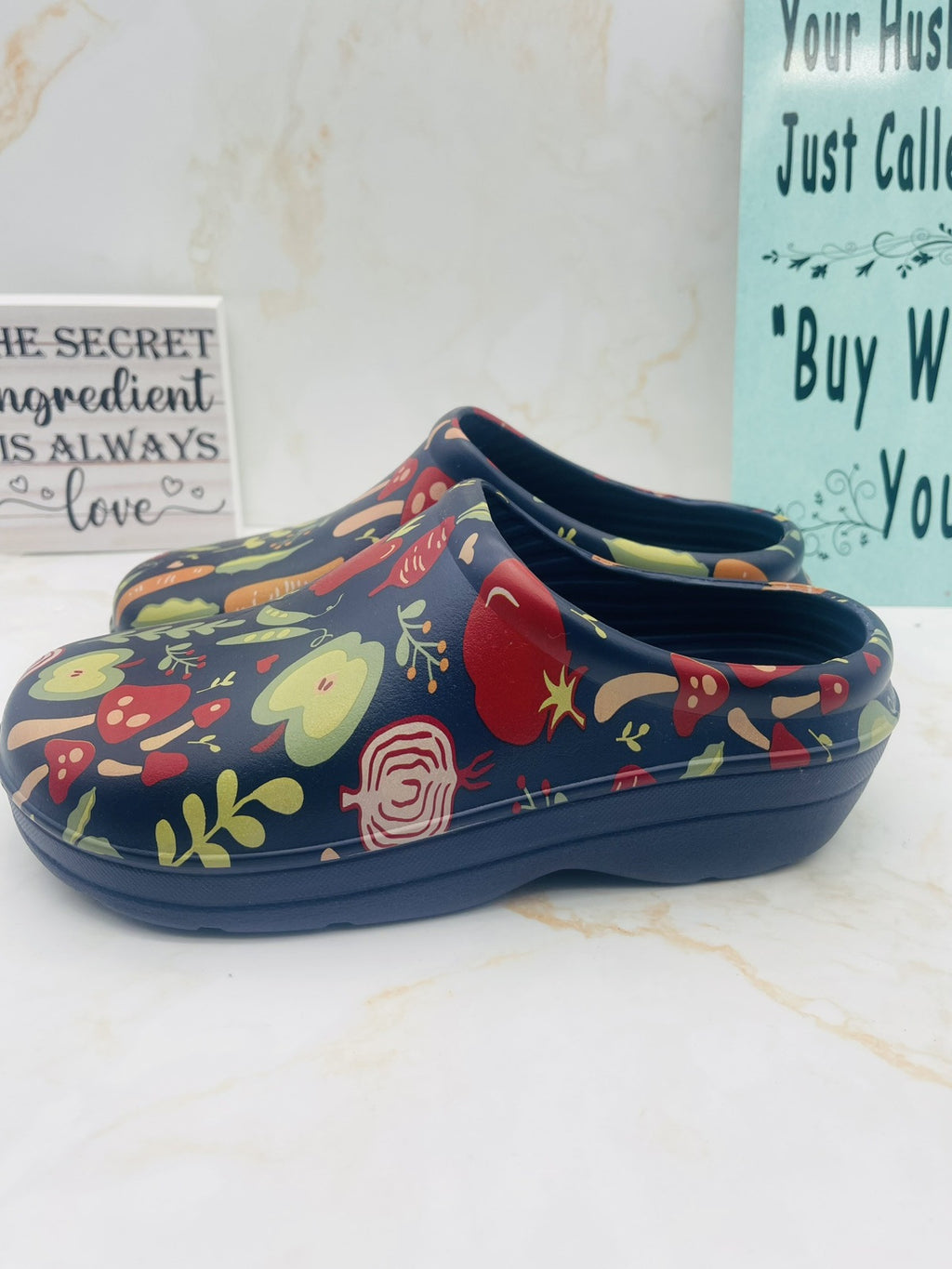 Totes Women's Super Comfy, Ultra Tough Clogs, Size  10 Navy with Garden Veggies