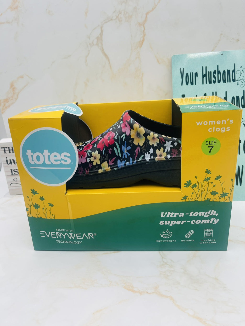 Totes Ultra-Tough, Super-Comfy Women’s Clogs, Size 7 Black Garden Floral NIB