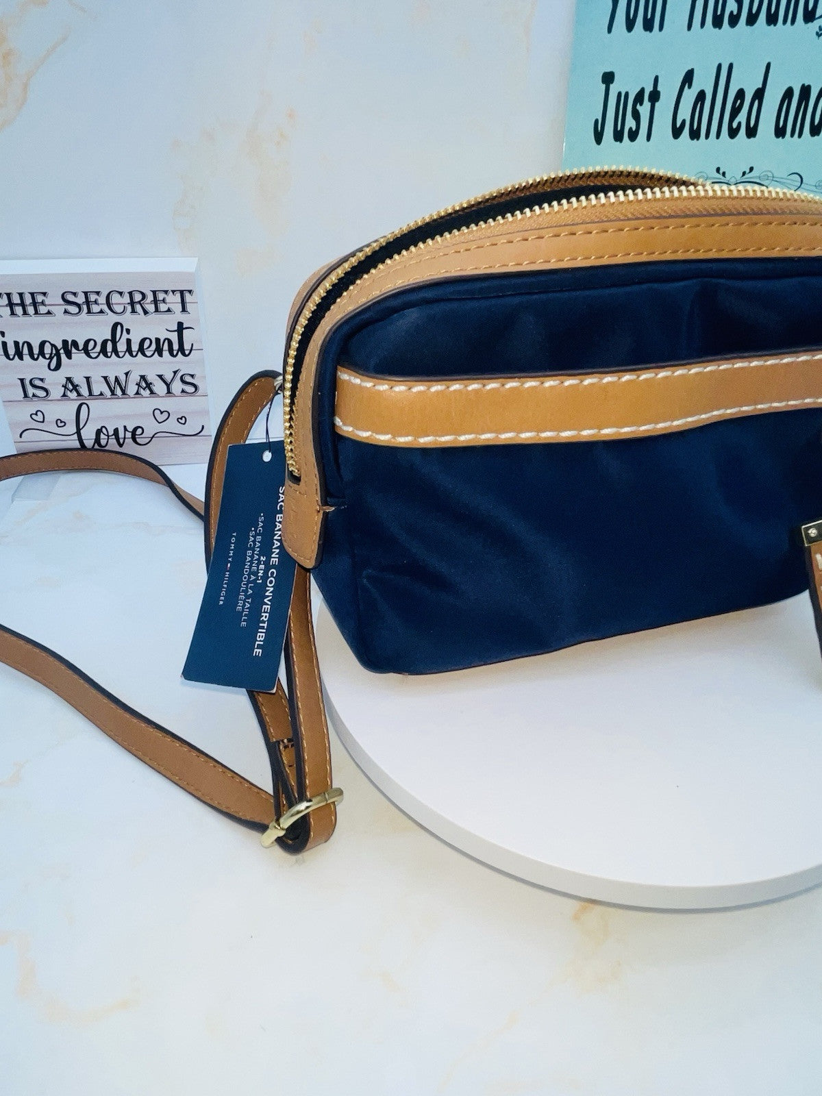 Tommy Hilfiger Julia Convertible Nylon Belt Bag Crossbody Blue/Tan JULIA NWT