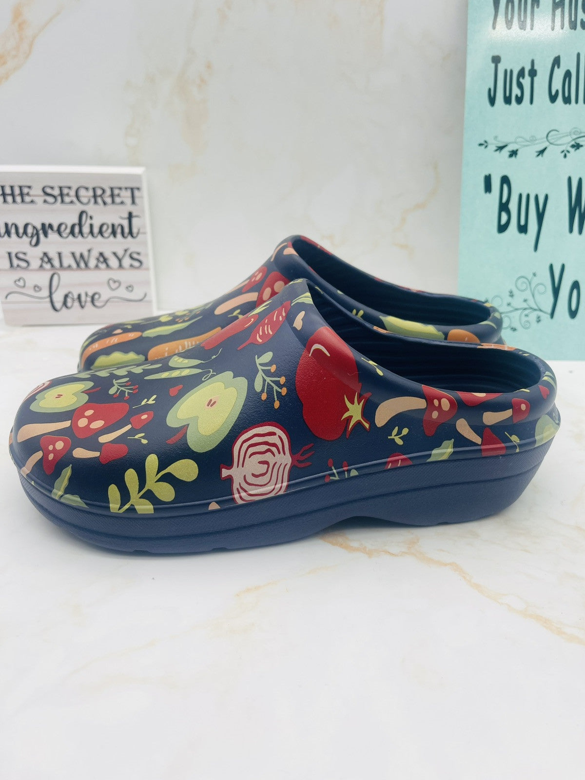 Totes Women's Super Comfy, Ultra Tough Clogs, Size  8 Navy with Garden Veggies