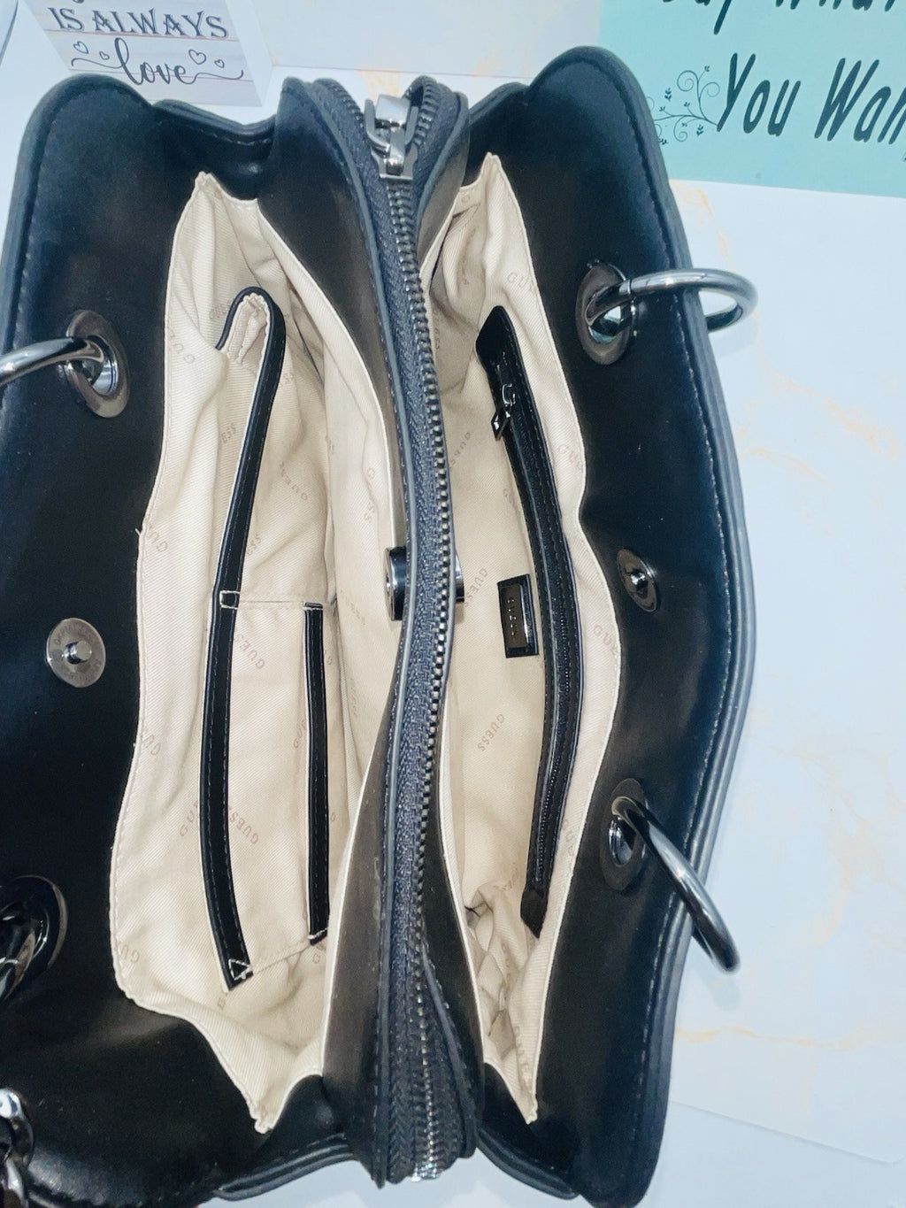 GUESS Women's New Wave Logo Girlfriend Satchel Bag Black