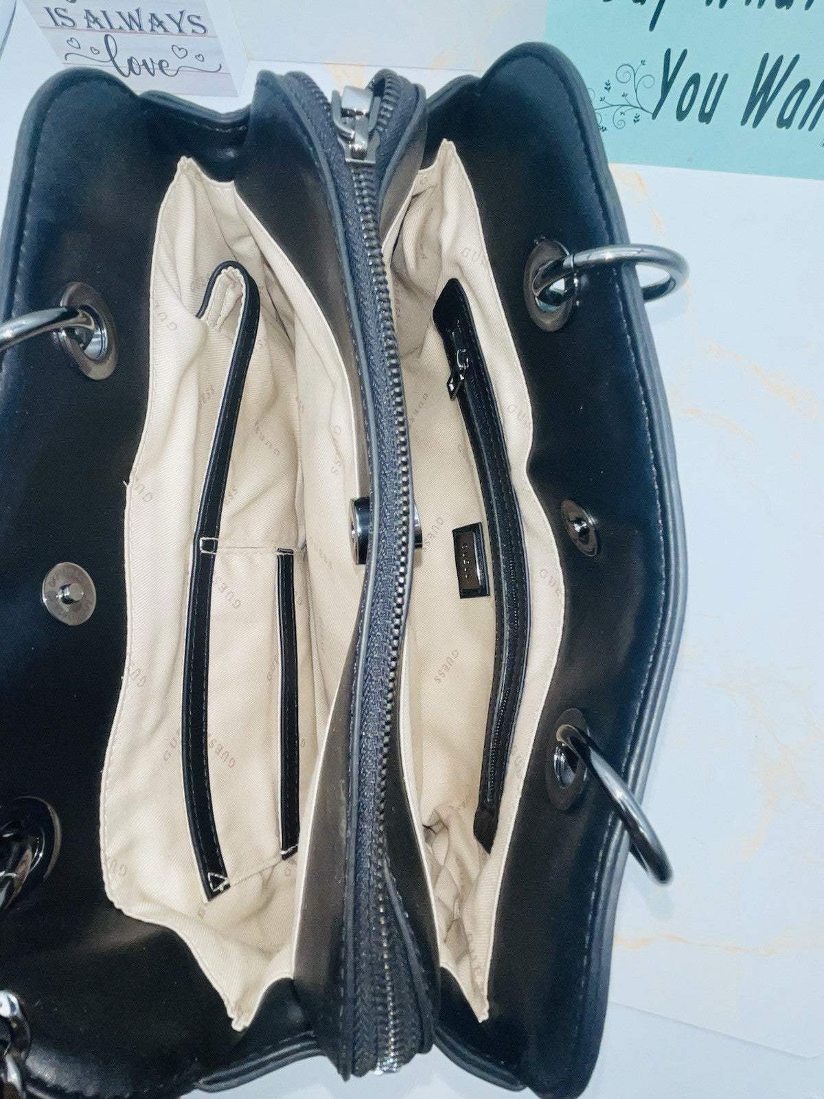 GUESS Women's New Wave Logo Girlfriend Satchel Bag Black