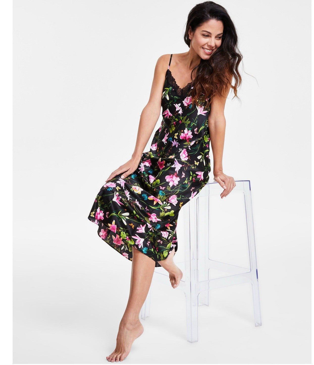 I.N.C. International Concepts Women's Lace-Trim Nightgown, XS Floral