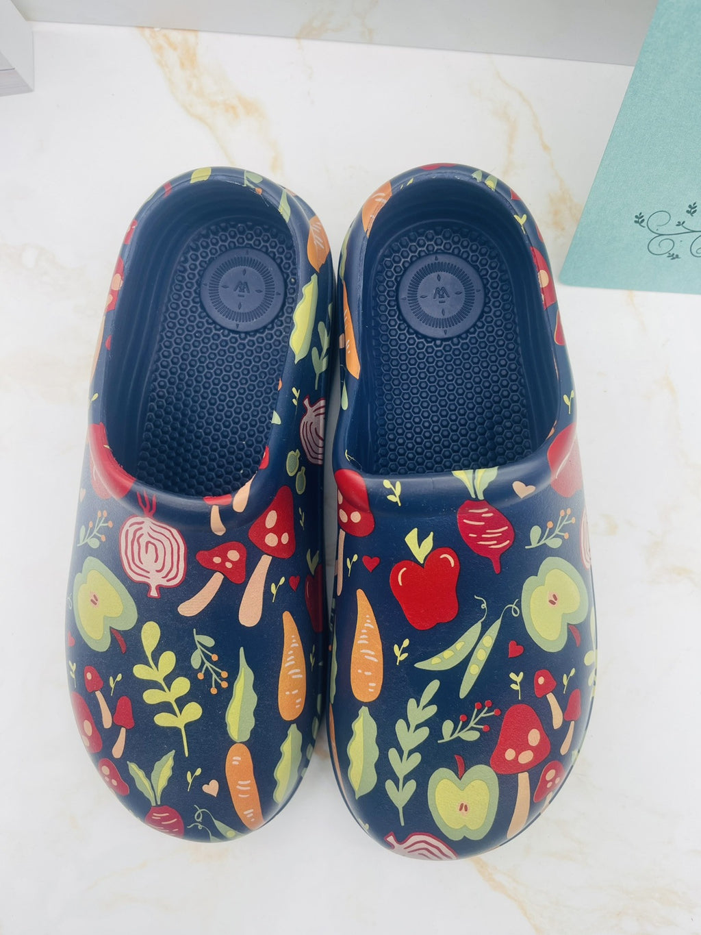 Totes Women's Super Comfy, Ultra Tough Clogs, Size  8 Navy with Garden Veggies