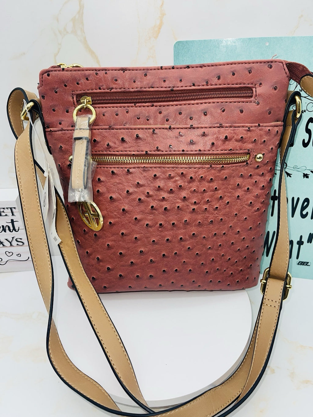 Giani Bernini Women's Embossed Faux Ostrich Crossbody, Color Wine Women’s Sholde