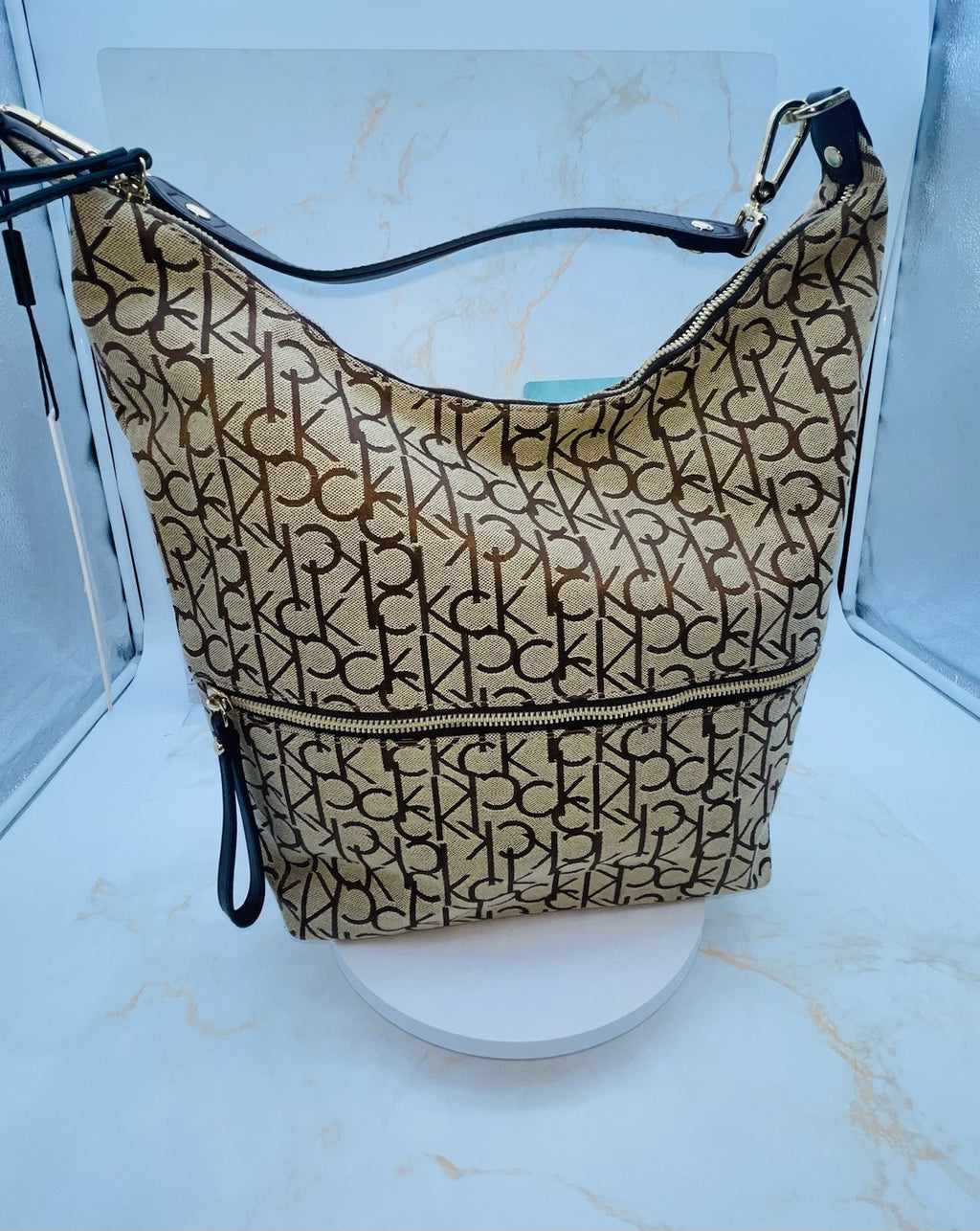 Calvin Klein Women's Monogram Hobo Brown Logo Bag Zipper Pockets Handbag 15"x12"