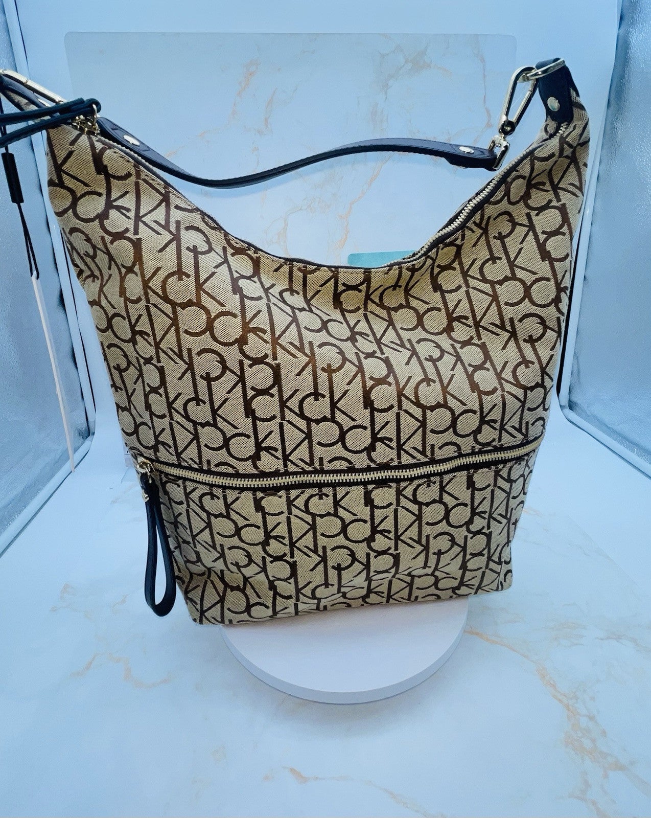 Calvin Klein Women's Monogram Hobo Brown Logo Bag Zipper Pockets Handbag 15"x12"