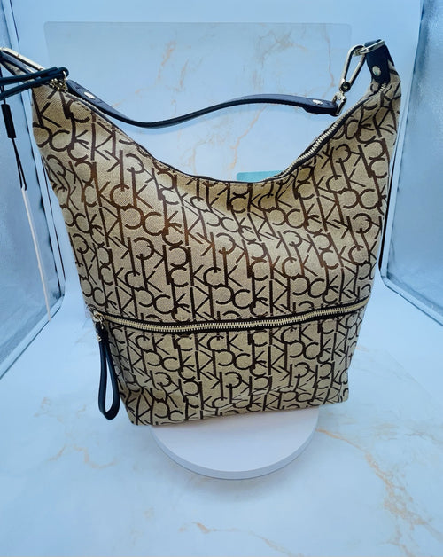 Calvin Klein Women's Monogram Hobo Brown Logo Bag Zipper Pockets Handbag 15"x12"
