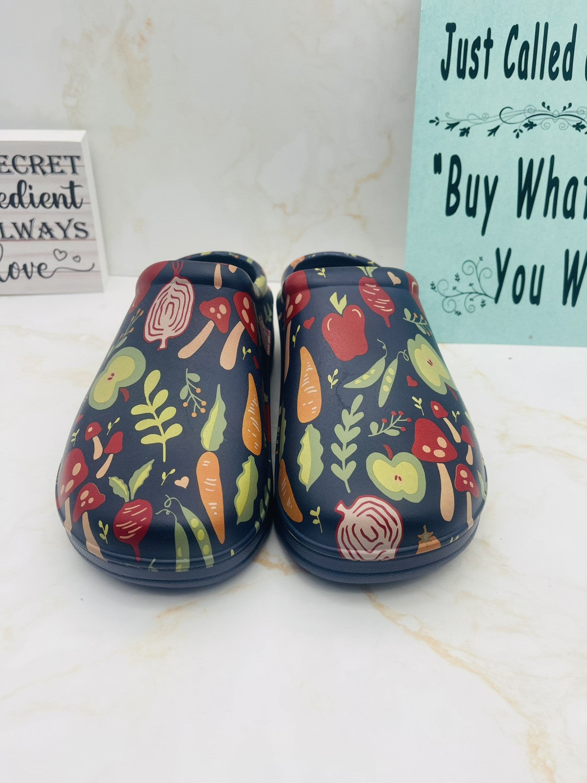 Totes Women's Super Comfy, Ultra Tough Clogs, Size  8 Navy with Garden Veggies