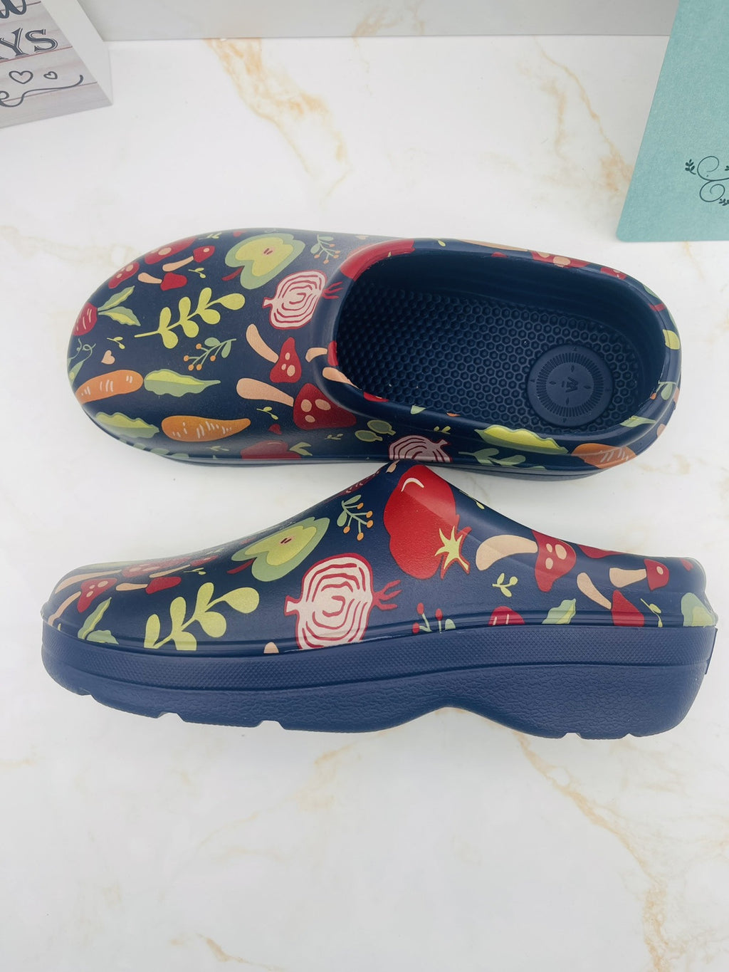 Totes Women's Super Comfy, Ultra Tough Clogs, Size  8 Navy with Garden Veggies