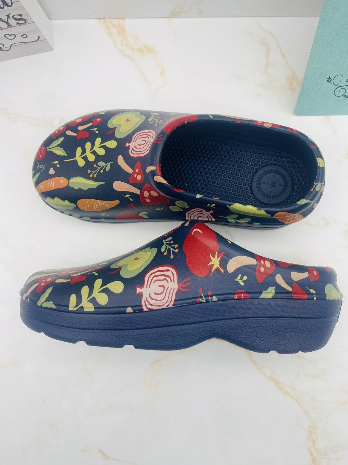 Totes Women's Super Comfy, Ultra Tough Clogs, Size  8 Navy with Garden Veggies