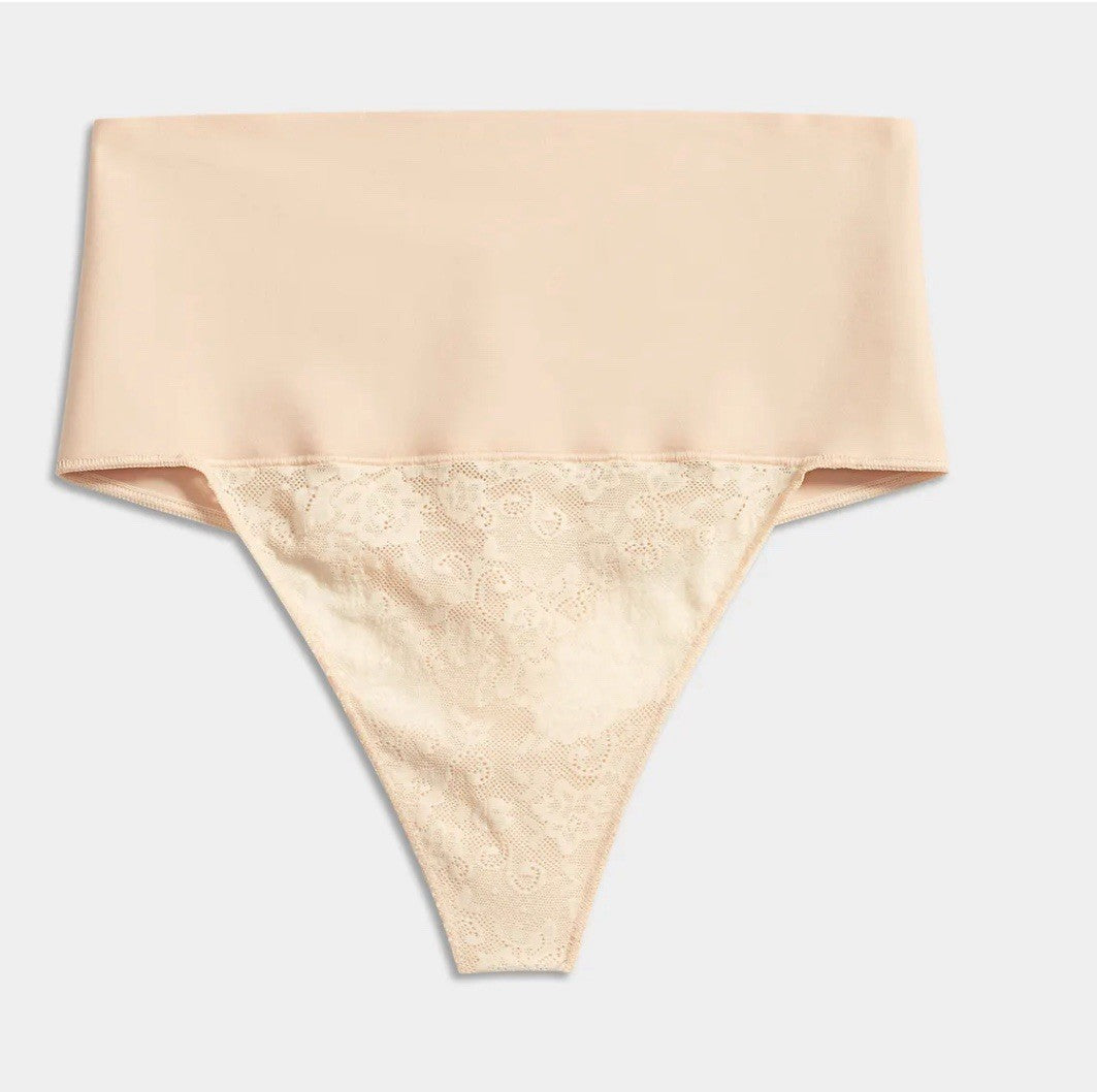 Maidenform Tame Your Tummy Firm Control Lace Thong Panty Large L DM0049 Nude
